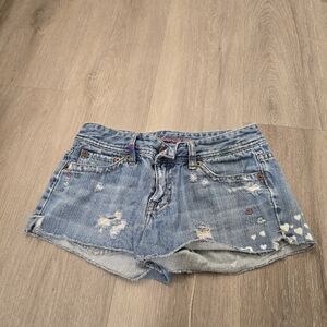 American Eagle Y2K Embroidered Blue Denim Shorts Size 0